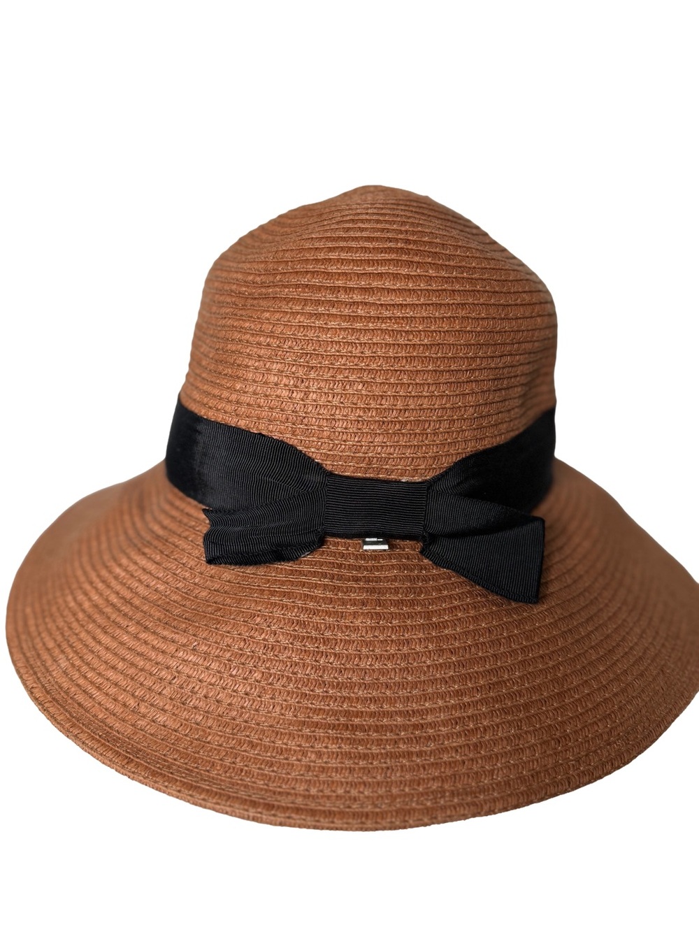 Coal Brown Straw Wide-Brim Hat with Black Ribbon Bow